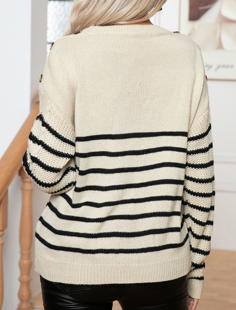 Striped Buttoned Cable Knit Pullover Sweater