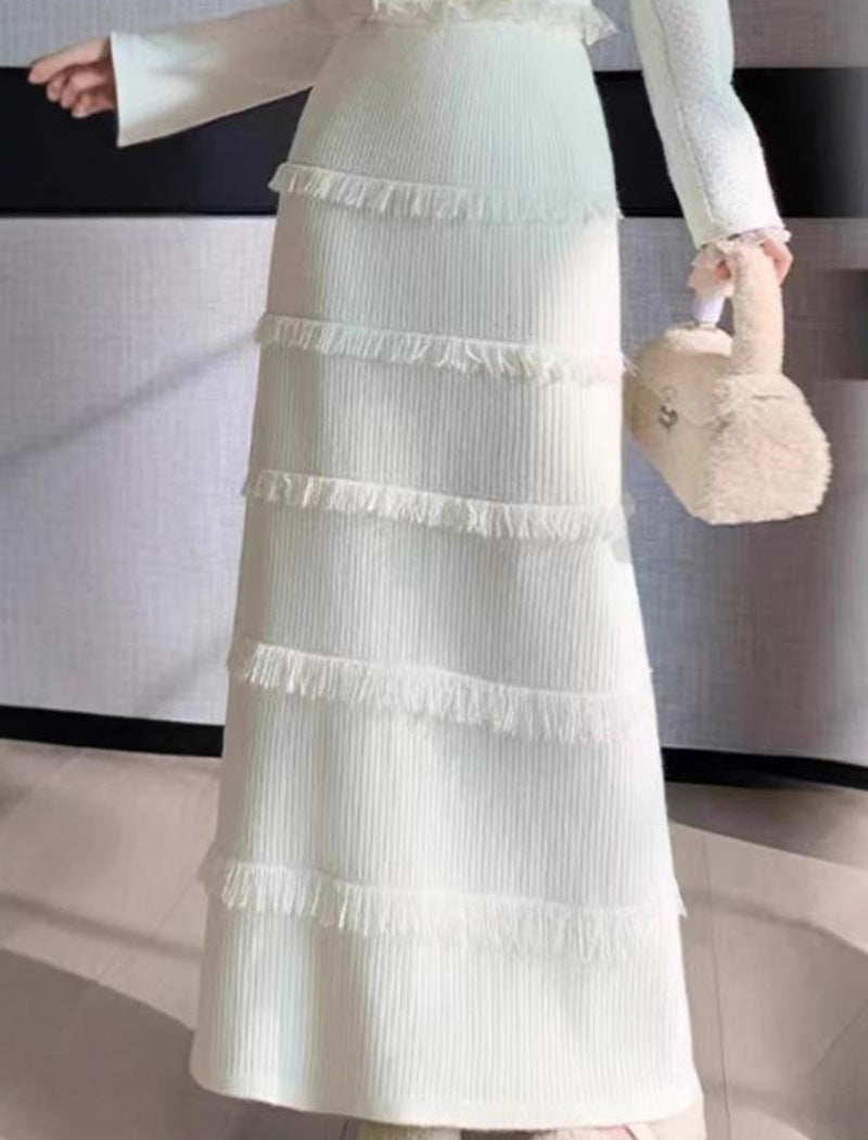 Tiered Fringe Detail Knit Skirt