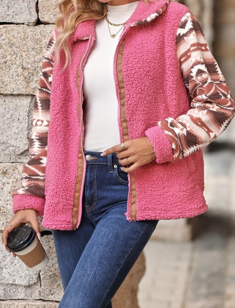 Color Block Sherpa Zipper Jacket
