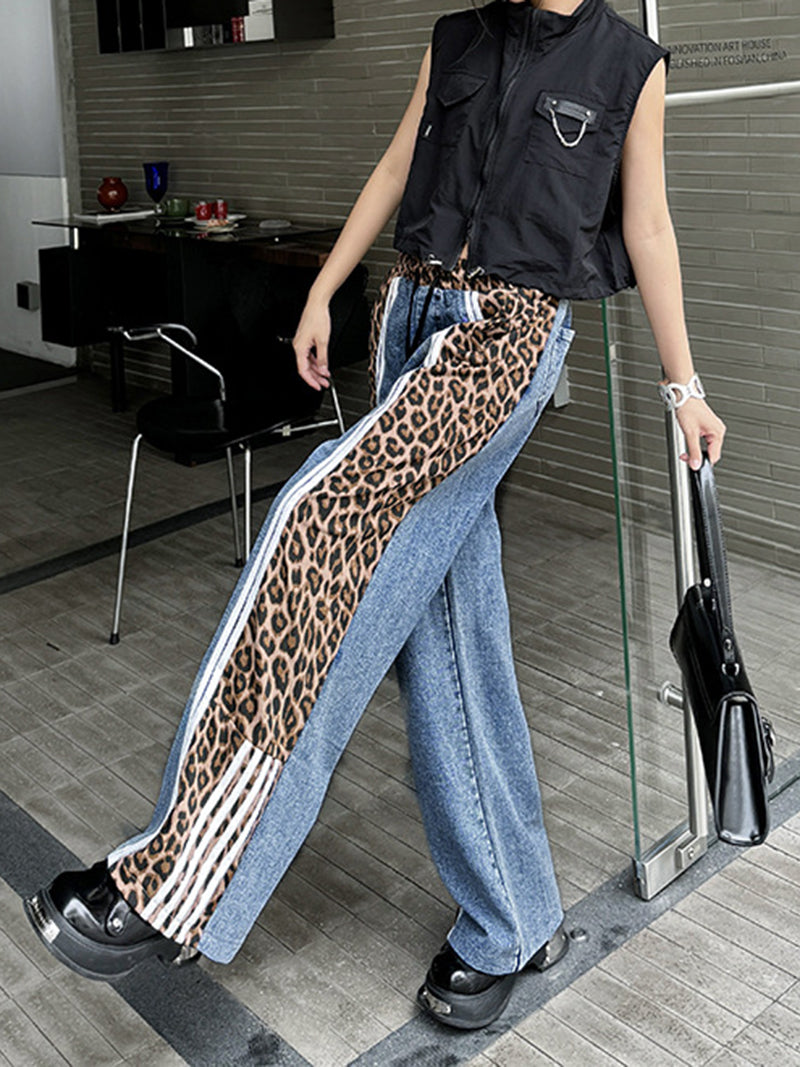 Leopard Print Patchwork Drawstring Pants