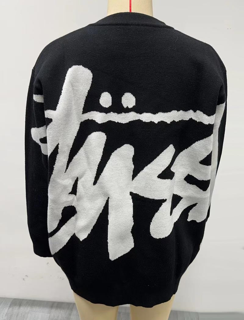 Letter Print Solid Crew Neck Sweater