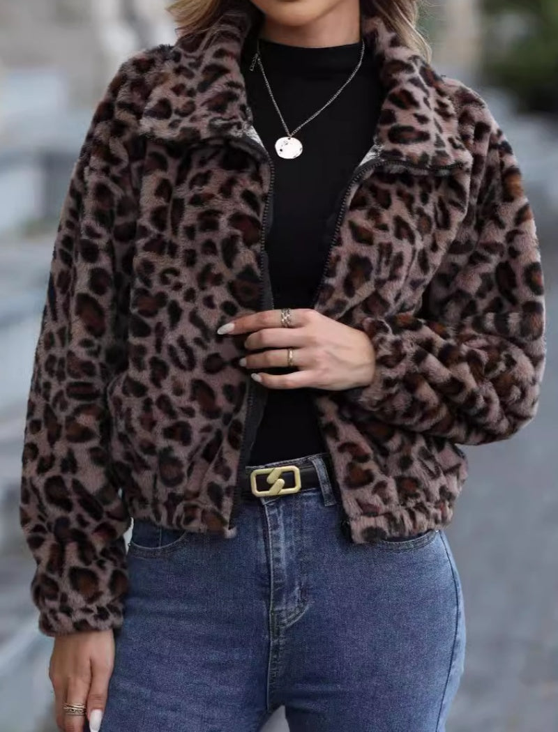 Cropped Animal Print Faux Fur Jacket