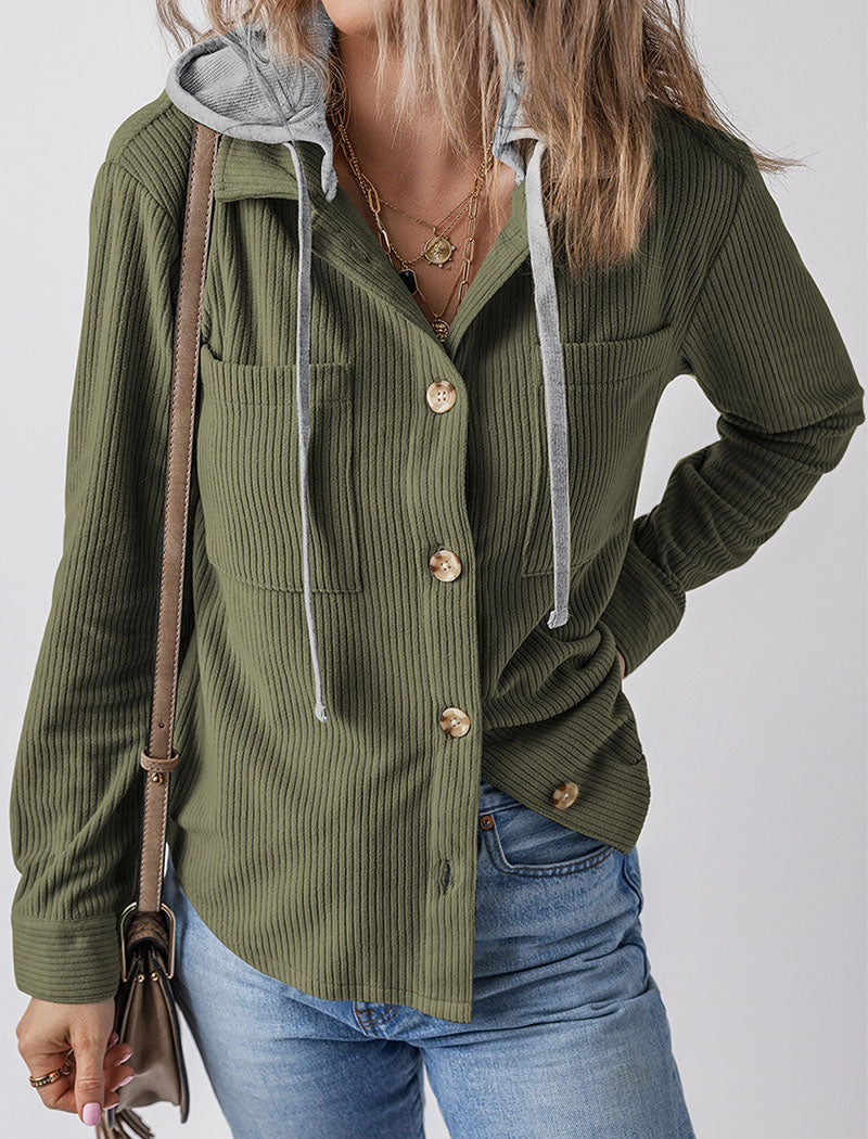 Button-Up Hooded Casual Long Sleeve Top