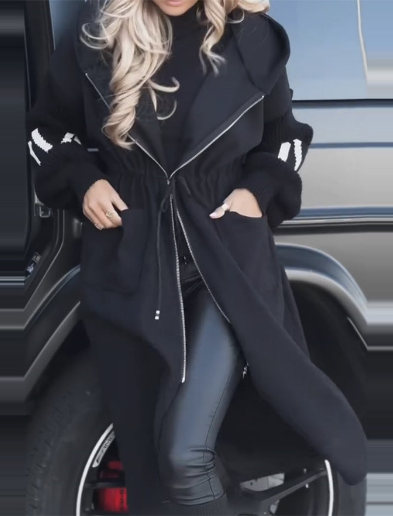 Hooded Longline Jacket with Knit Sleeves