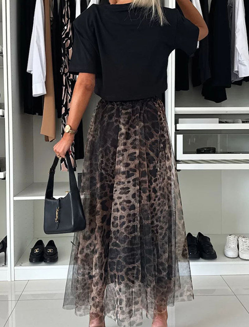 Leopard Print Tulle Overlay Midi Skirt