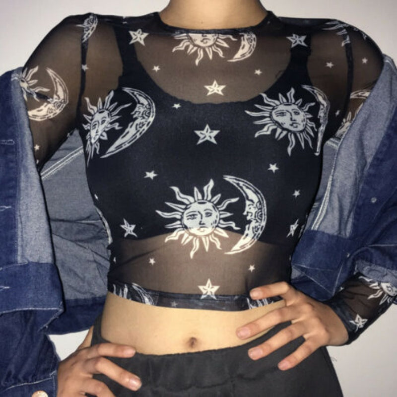 Mesh Long Sleeve Crop Top with Moon and Star Print