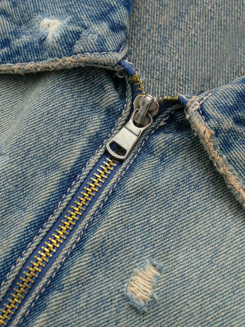 Distressed Zip-Up Crop Denim Jacket