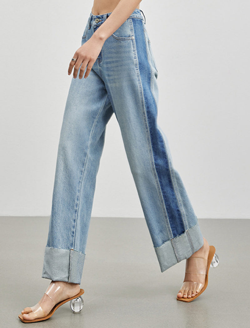 Colorblock Cuffed Wide-Leg Jeans