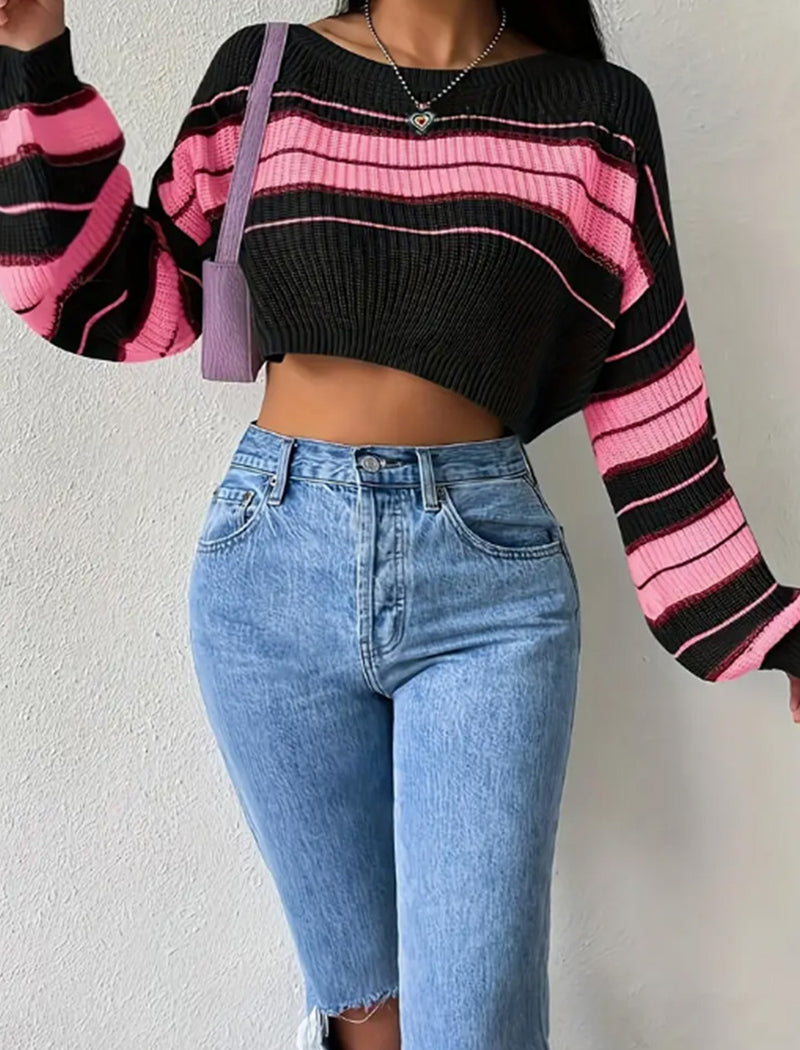 Color Block Striped Drop Shoulder Knit Sweater