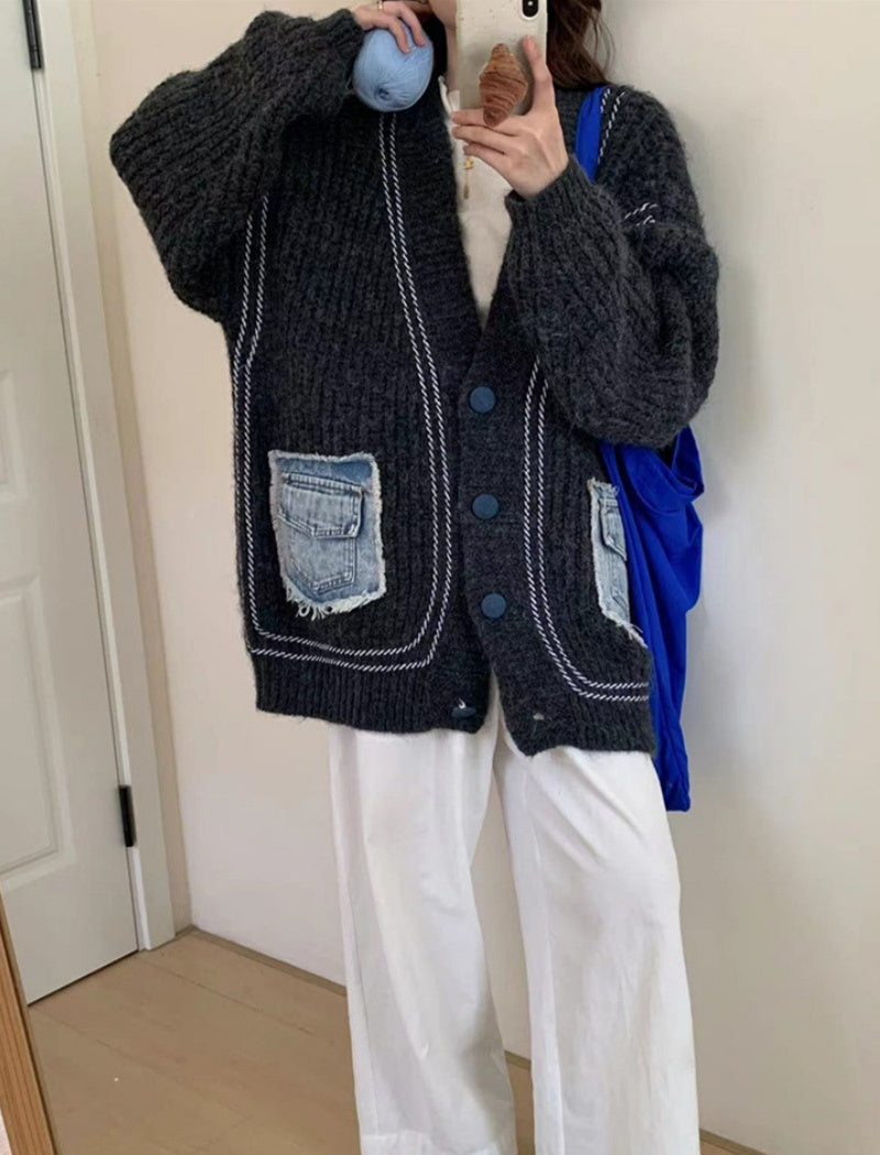 Knit Cardigan with Denim Patch Pockets