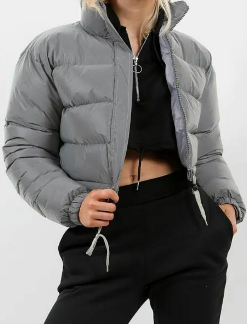 Cropped Puffer Jacket with Stand Collar