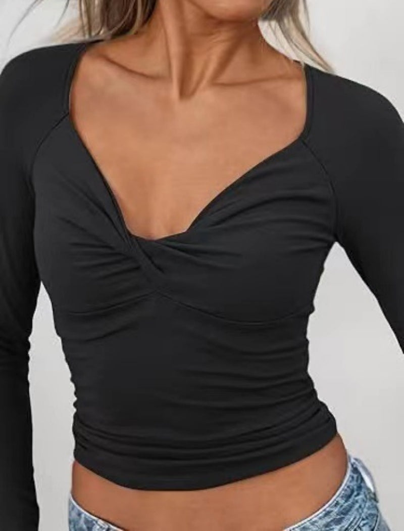 Twist Front V-Neck Slim Fit Long Sleeve Top