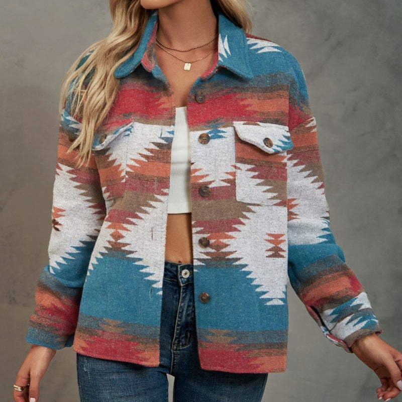 Geometric Print Cropped Loose Collar Jacket