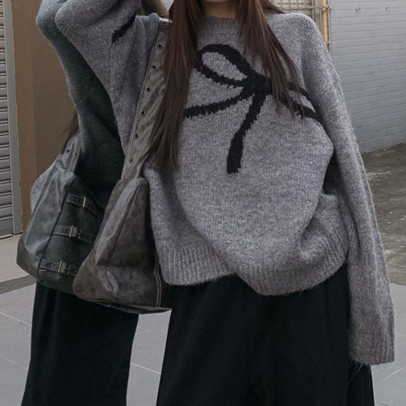 Bow Knit Crewneck Pullover Sweater