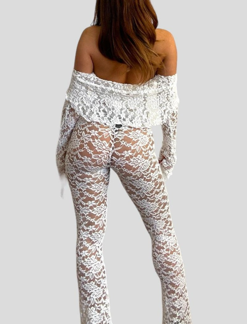 Off-Shoulder Lace Crop Top and Pants Set