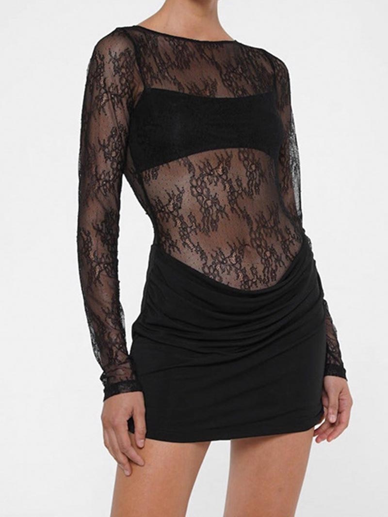Lace Long Sleeve Ruched Mini Dress