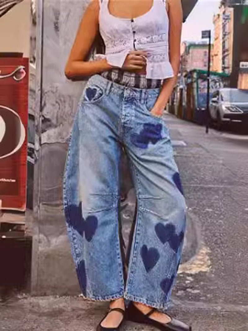 Heart Print Wide-Leg Jeans