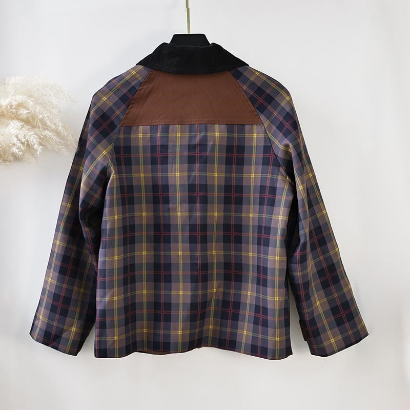 Plaid Faux Fur Collar Zip-up Jacket