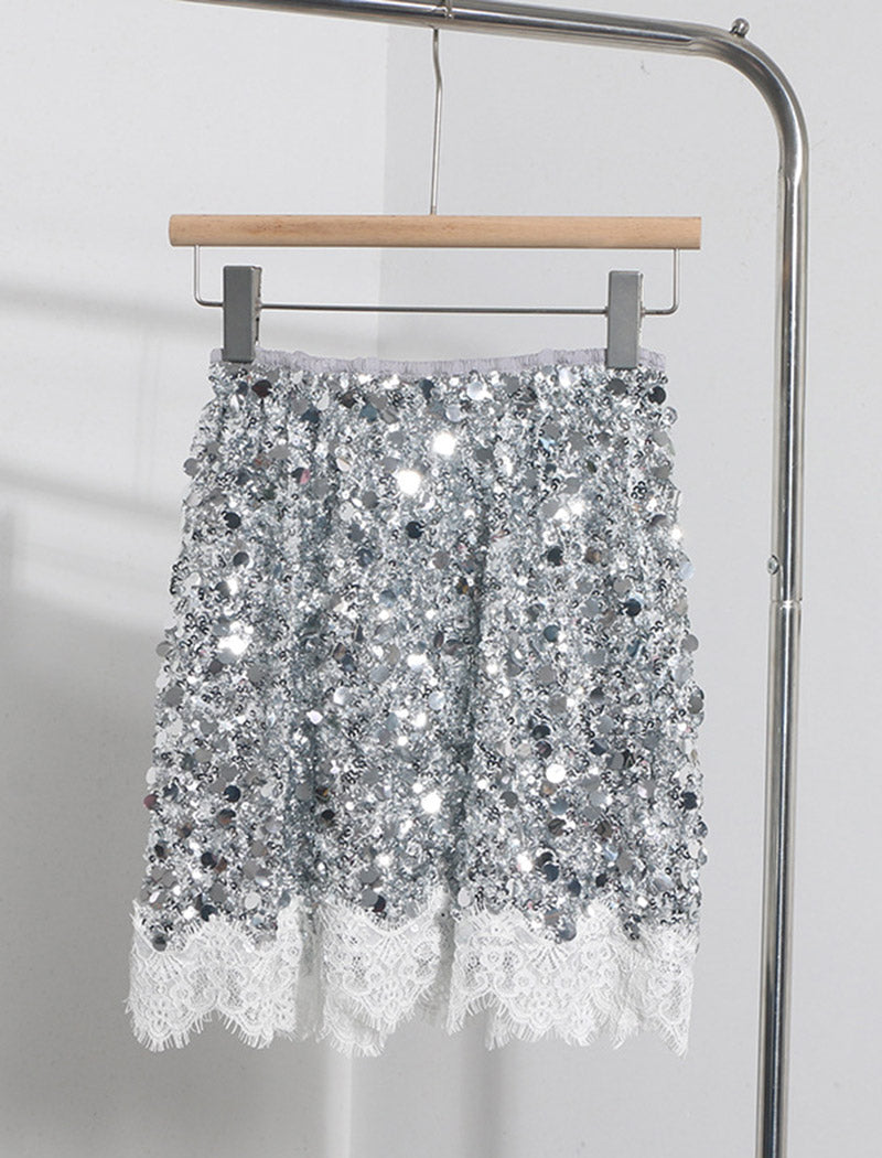 Glitter Sequin Lace Hem Mini Skirt