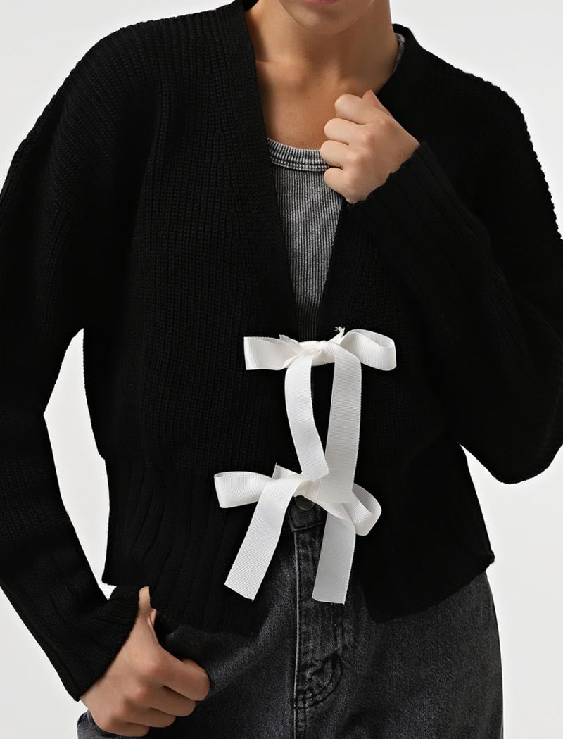 Knit Cardigan with Ribbon Tie Detail