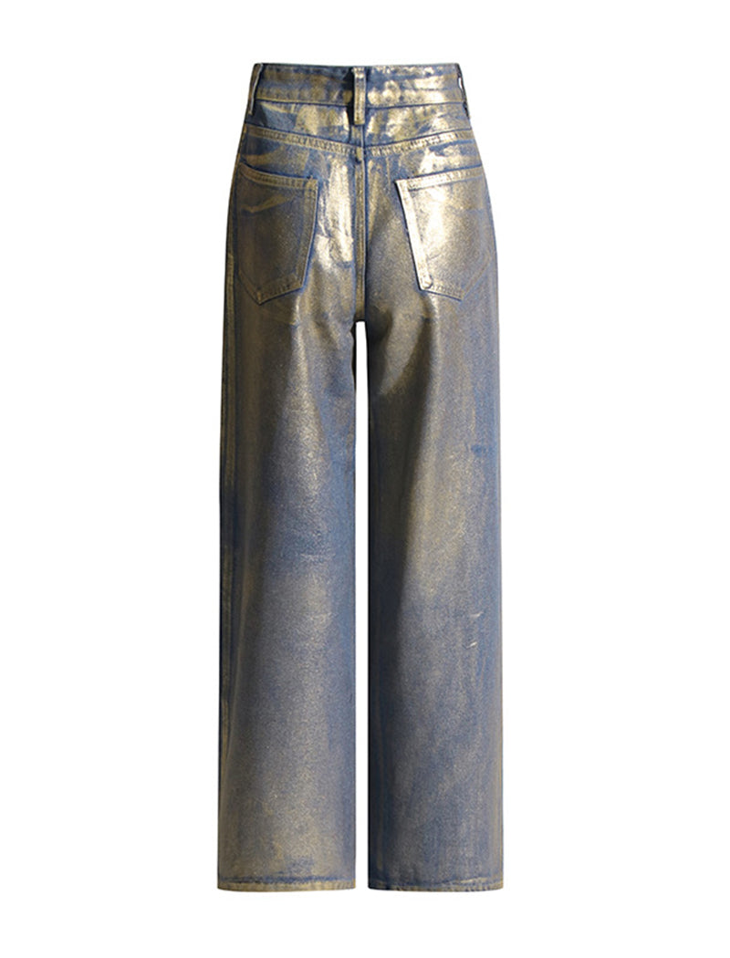 Metallic Wide-Leg High-Waist Pants