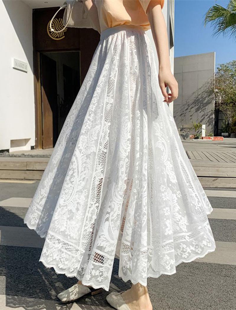 High-Rise Lace Pleated Maxi Skirt