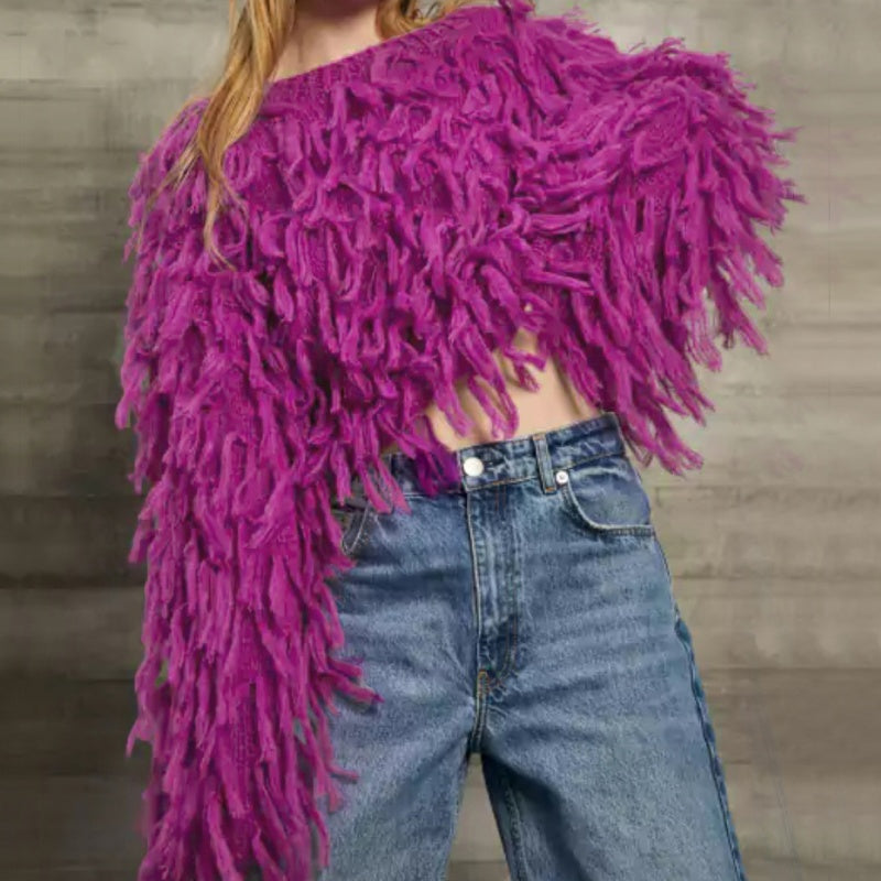 Textured Fringe Knit Sweater with Relaxed Fit