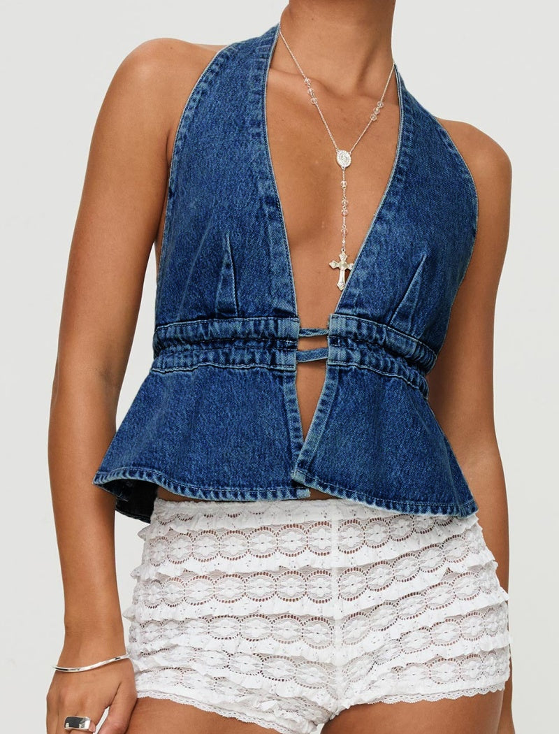 Halter Denim Top with Cutout Detail