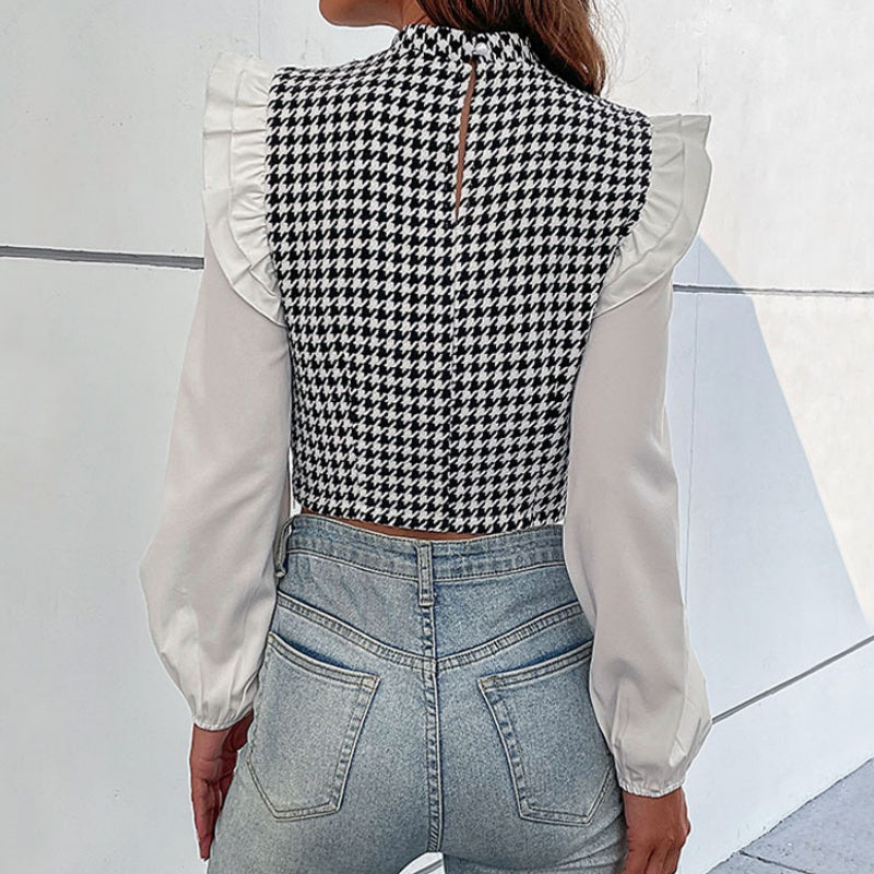 Houndstooth Ruffle Sleeve Crop Top