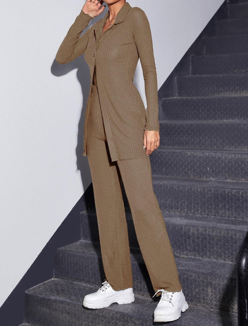 Buttoned Ribbed Two-Piece Knit Set