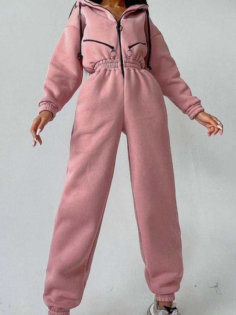 Drawstring Hooded Zip-Up Jumpsuit