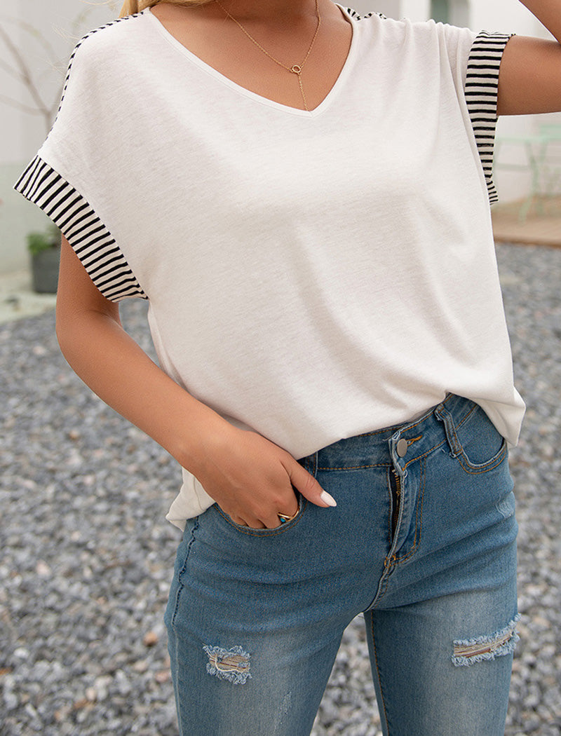 Striped Trim V-Neck Loose Fit Top