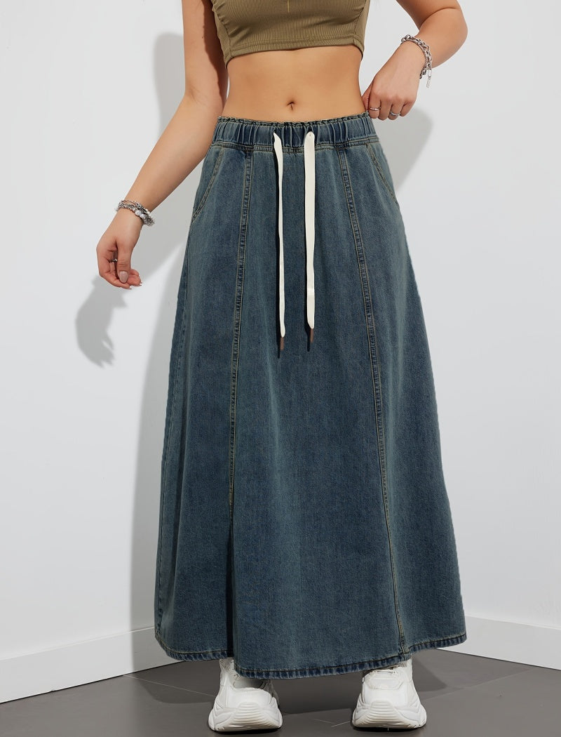 Drawstring Waist Denim Maxi Skirt