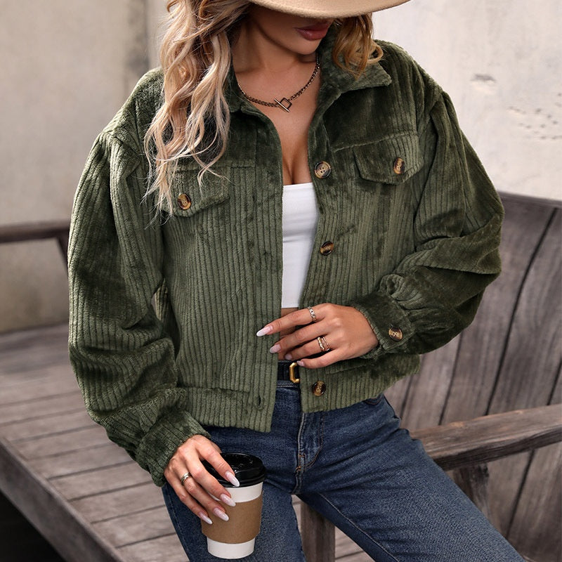 Cropped Corduroy Button-Up Jacket