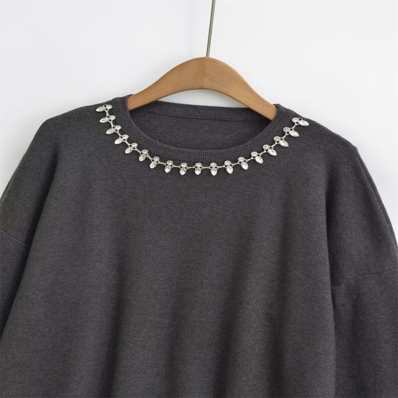 Rhinestone Embellished Crewneck Sweater