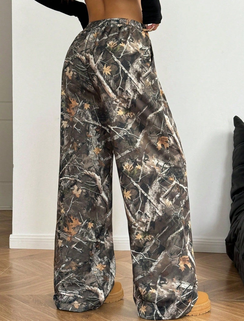 Wide-Leg Camo Printed Drawstring Pants