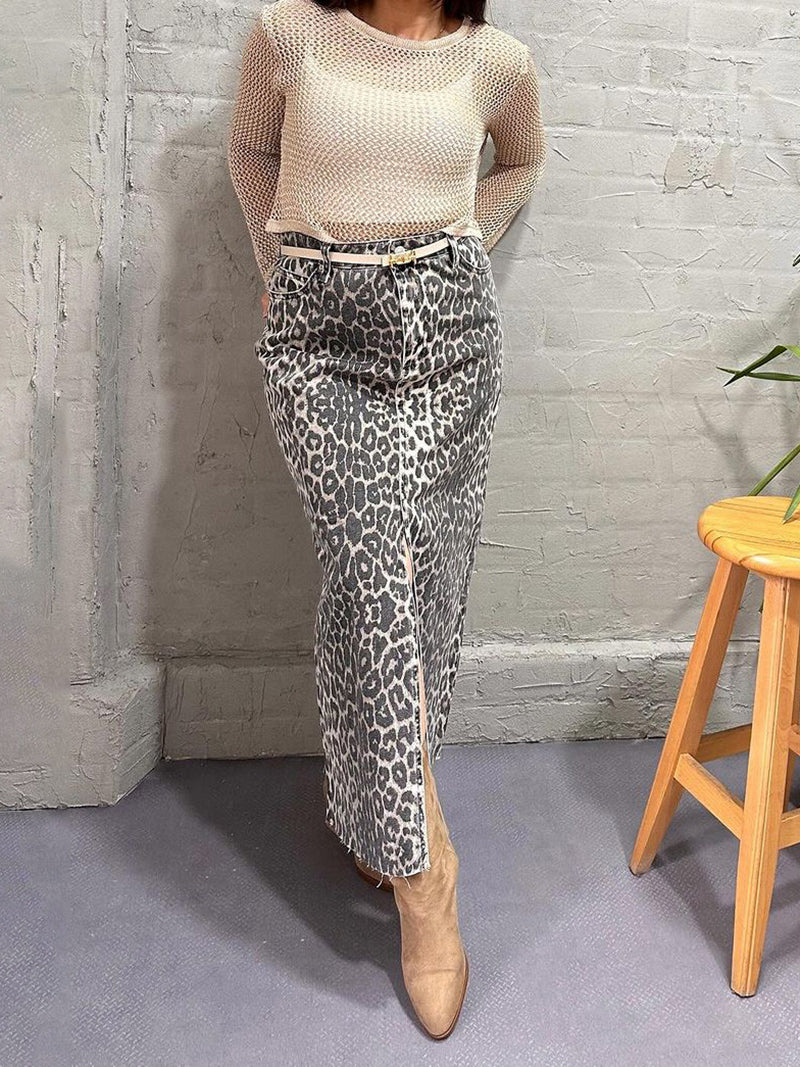 Leopard High-Waisted Split-Hem Midi Skirt