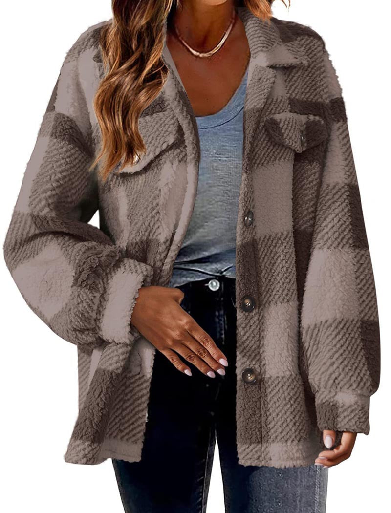 Plaid Sherpa Jacket with Button Closure