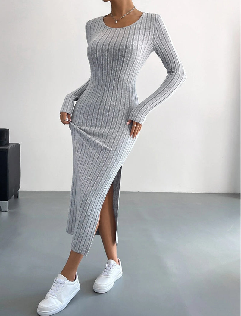 Ribbed Long-Sleeve Slit Maxi Dress