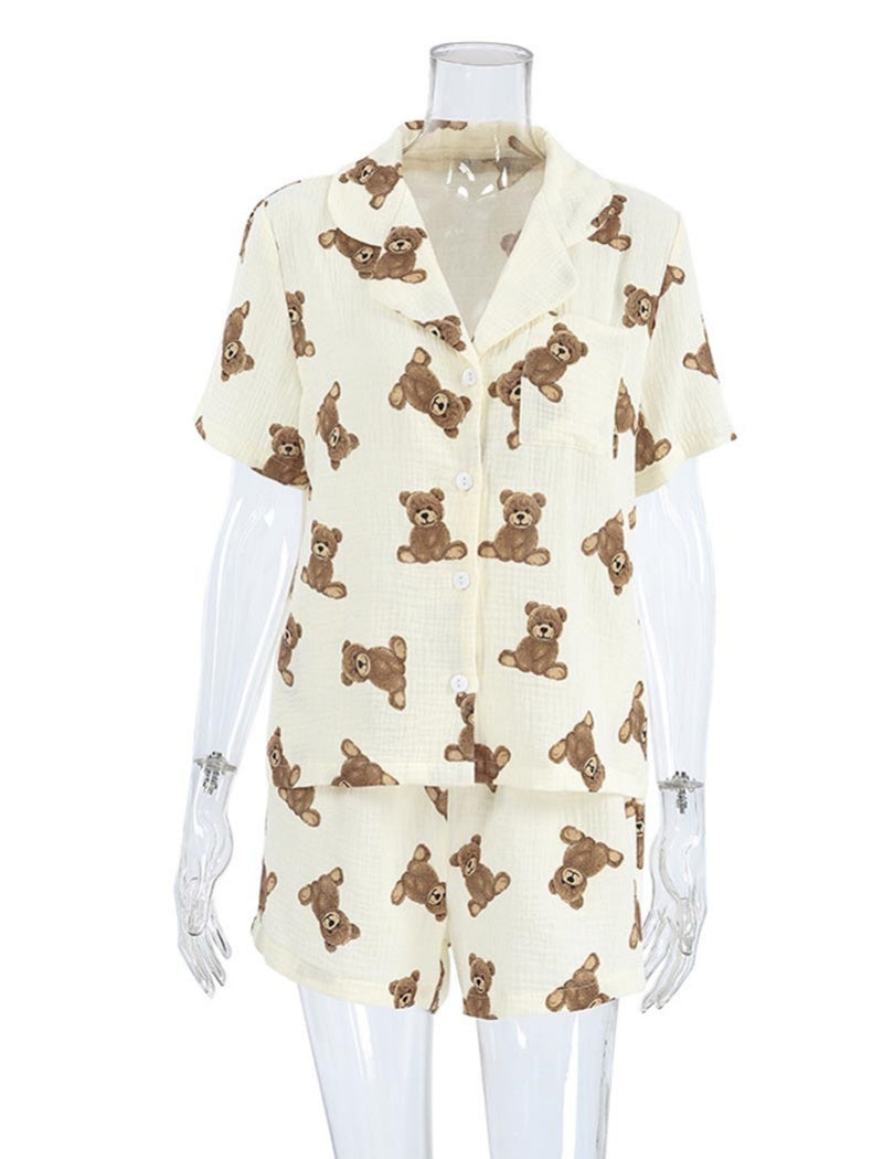 Teddy Bear Print Button-Up Pajama Set