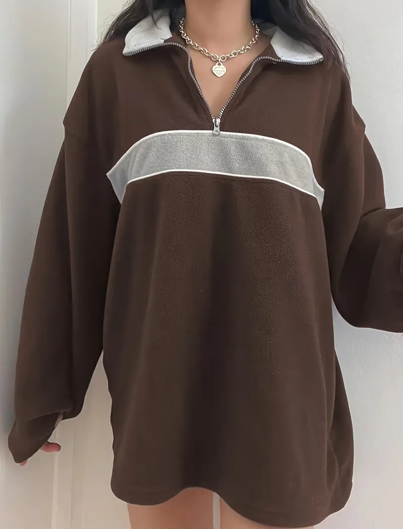 Contrast Stripe Half-Zip Oversized Top