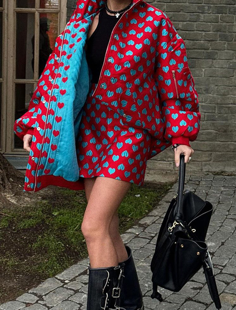 Heart Print Puffer Jacket and Mini Skirt Set