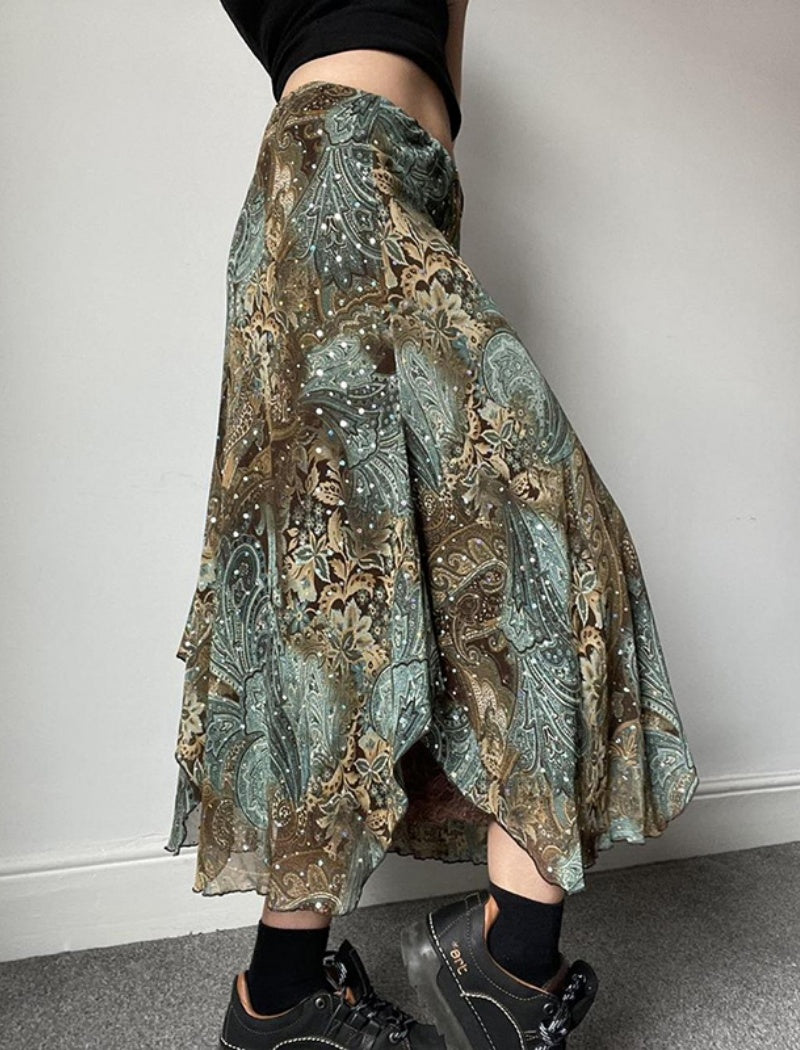 Asymmetrical Paisley Midi Skirt