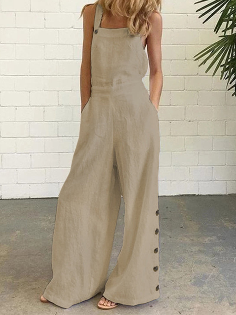 Solid Sleeveless Button Jumpsuit