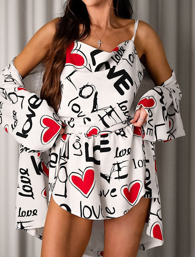 Heart Print Camisole and Shorts and Cover-Up Set
