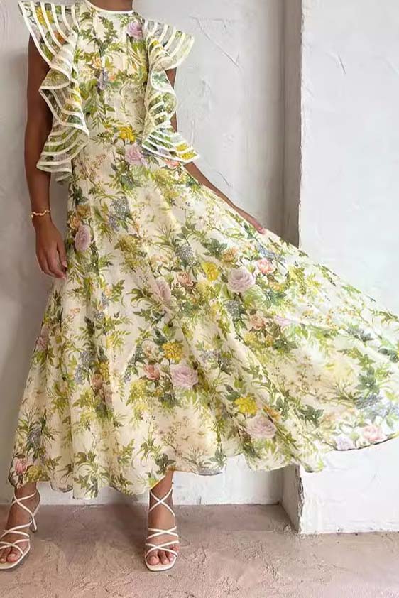 Floral Print Ruffle Sleeve Maxi Dress