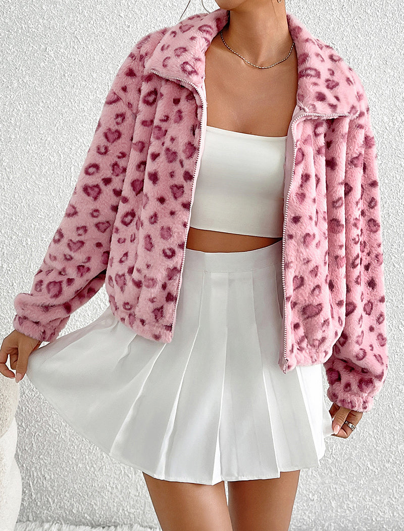 Zip-Up Long Sleeve Heart Leopard Print Fleece Jacket
