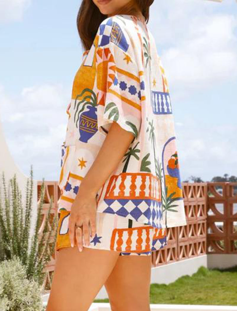 Loose Fit Printed Short Sleeve Top and Pants Loungewear Set