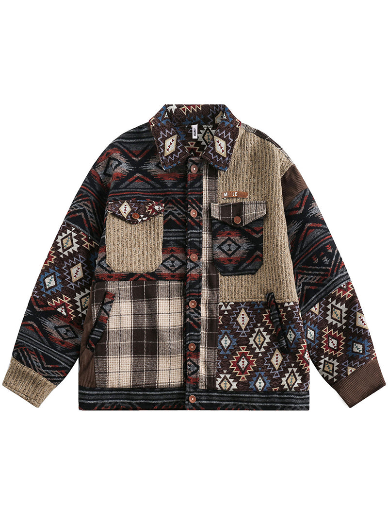 Patterned Patchwork Button-Up Jacket