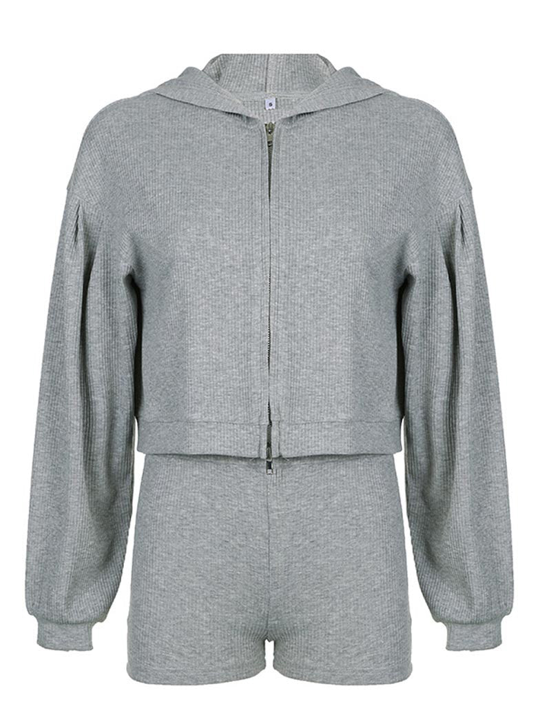Knit Hoodie and Corset and Shorts Set
